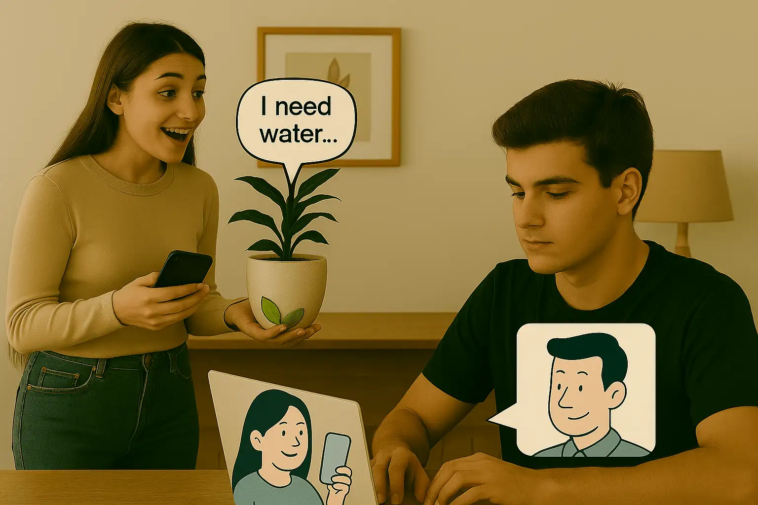 Donna con smartphone interagisce con pianta parlante tramite intelligenza artificiale. Esempio di oggetto connesso e comunicazione creativa AI-based.