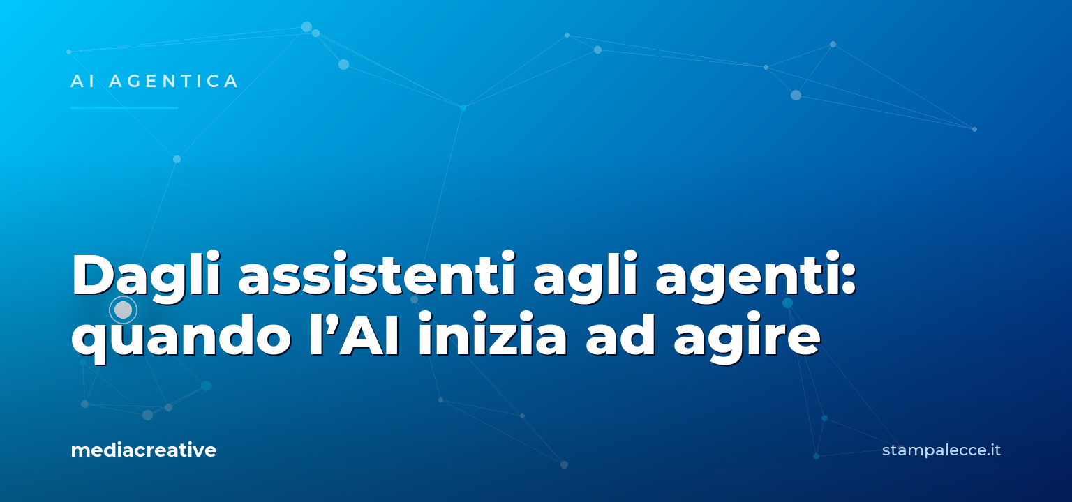 Illustrazione astratta di una rete di agenti AI con un nodo attivo in evidenza su sfondo blu Mediacreative.