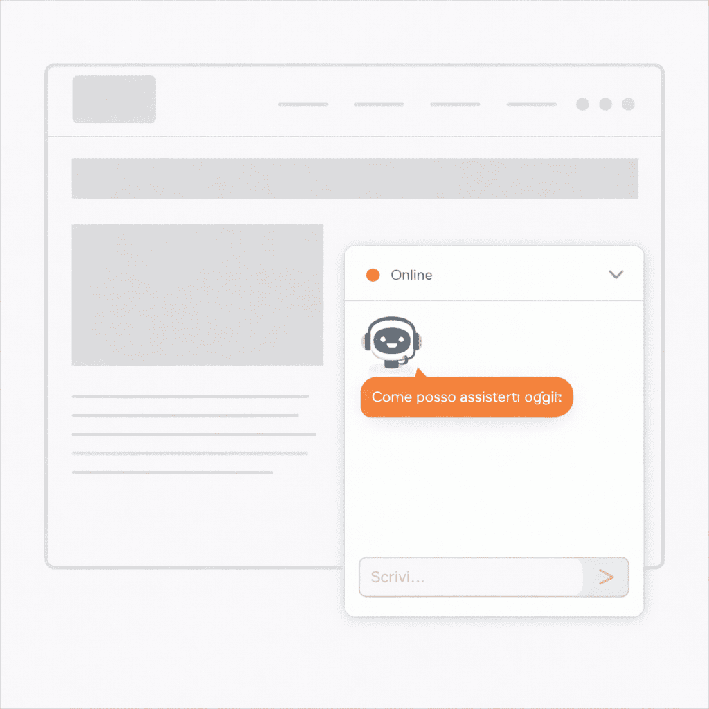 Assistente virtuale integrato in un CMS: interfaccia web minimal con widget chat elegante in grigio e accento arancione, layout professionale e moderno per supporto clienti.